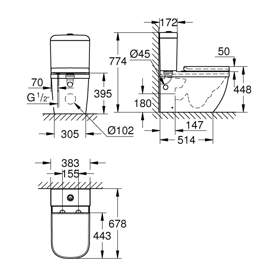 Close Coupled Rimless Toilet with Soft Close Seat - Grohe Euro Closed Back