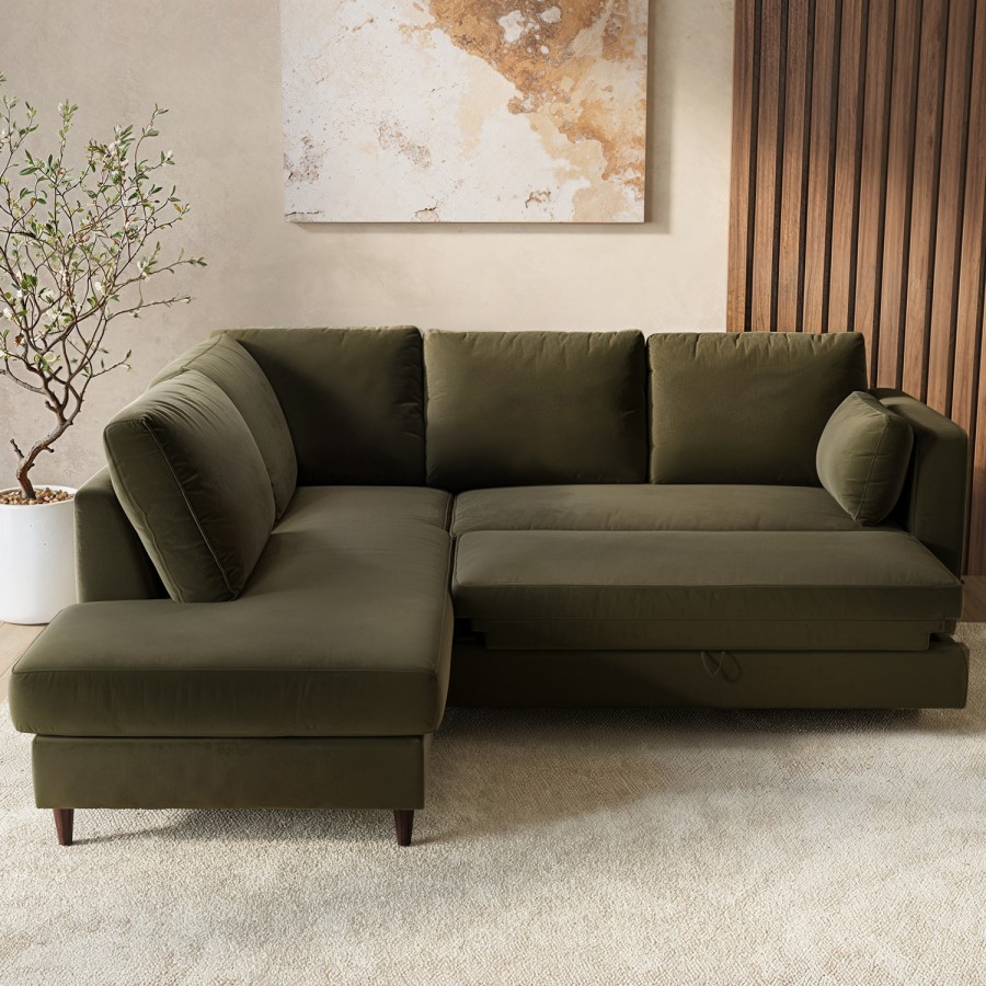 4 Seater Pull-Out Corner Sofa Bed with Storage in Olive Green Velvet - Boe