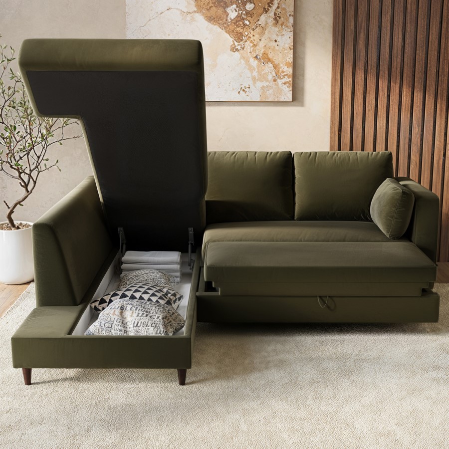 4 Seater Pull-Out Corner Sofa Bed with Storage in Olive Green Velvet - Boe
