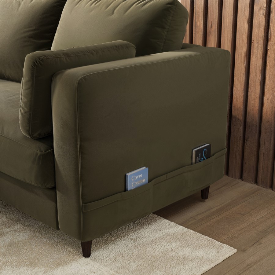 4 Seater Pull-Out Corner Sofa Bed with Storage in Olive Green Velvet - Boe