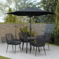 ONLY OPENED - 4 Seater Black Rope Wicker Outdoor Dining Set with Parasol