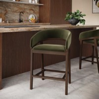 ONLY OPENED - Walnut & Olive Green Velvet Curved Kitchen Stool with Back - Owen