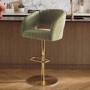 ONLY OPENED - Curved Sage Matt Velvet Adjustable Swivel Bar Stool with Gold Base - Runa