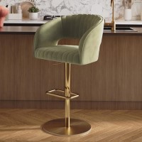 ALMOST PERFECT - Curved Sage Green Velvet Adjustable Swivel Bar Stool with Gold Metal Base - Runa