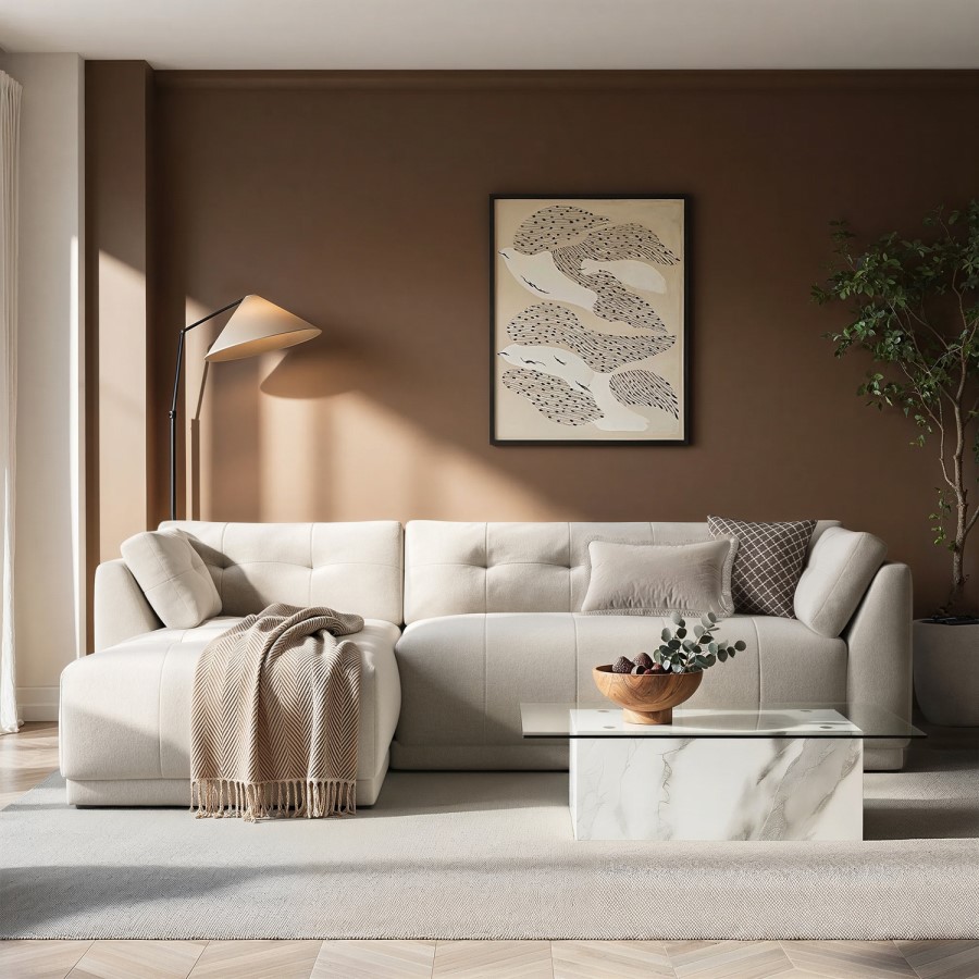 Beige Fabric 4 Seater Left-Hand Chaise L-Shape Corner Sofa - Arden