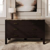 Wide Dark Wood 6 Drawer Chest of Drawers with Marble Top - Alessio