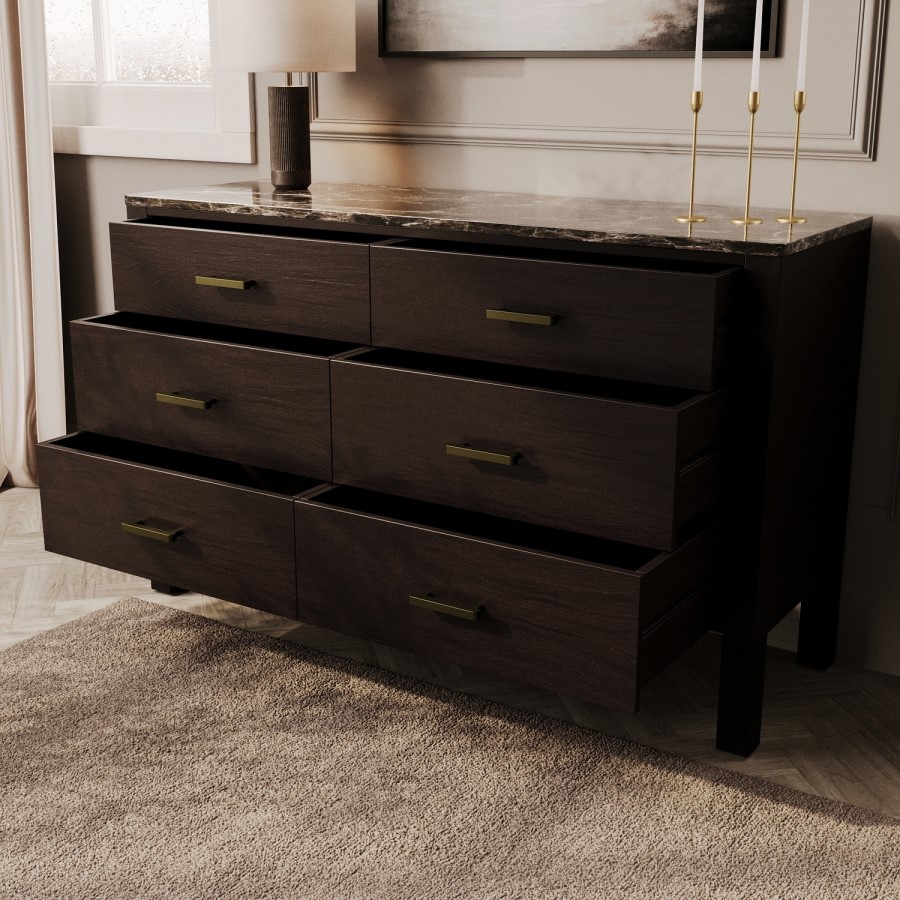 Wide Dark Wood 6 Drawer Chest of Drawers with Marble Top - Alessio