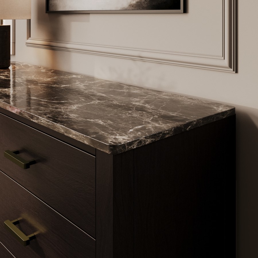 Wide Dark Wood 6 Drawer Chest of Drawers with Marble Top - Alessio