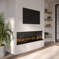 ALMOST PERFECT - Black Inset Media Wall Electric Fireplace with Glass Configurated Front and Sides 50 Inch - Amberglo