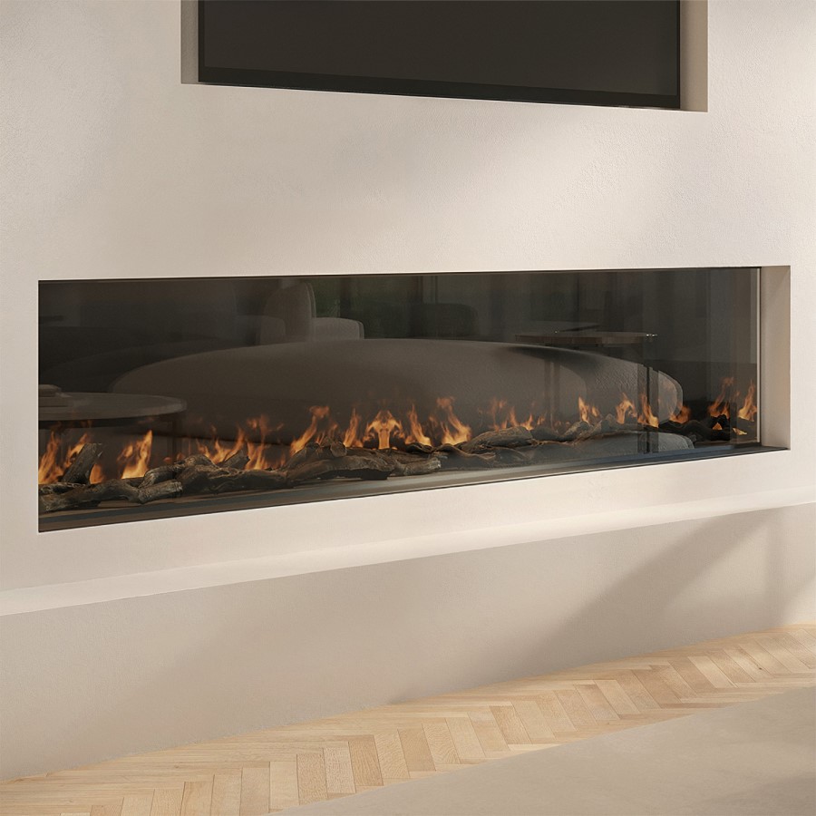 Black 3-Sided Inset Electric Media Wall Smart Fire Place - 70 Inch - AmberGlo