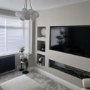 ALMOST PERFECT - Black Inset Media Wall Electric Fireplace with Glass Configurated Front and Sides 70 Inch - Amberglo