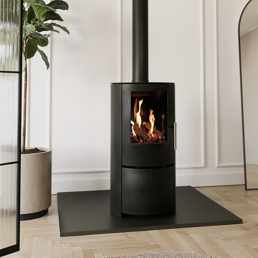 Round Cast Iron 5kW Log Burning Multi-Fuel Stove in Black - AmberGlo