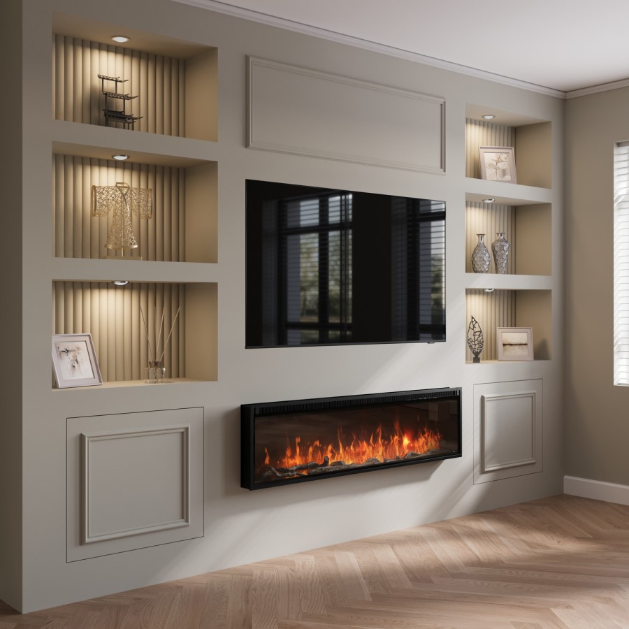 GRADE A3 - Black Slimline Inset Electric Media Wall Smart Fire Place - 60 Inch - AmberGlo