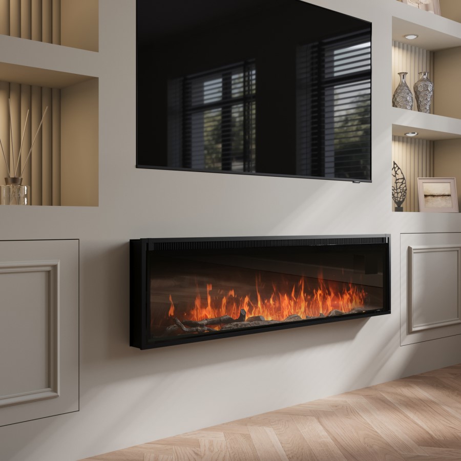 GRADE A3 - Black Slimline Inset Electric Media Wall Smart Fire Place - 60 Inch - AmberGlo