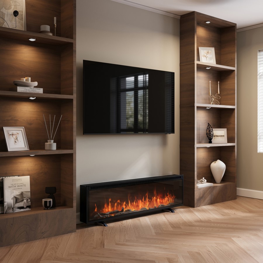 GRADE A3 - Black Slimline Inset Electric Media Wall Smart Fire Place - 60 Inch - AmberGlo