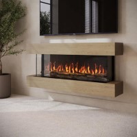 Oak Media Wall Mounted 3-Sided Electric Fireplace with Logs - 55 inch - AmberGlo