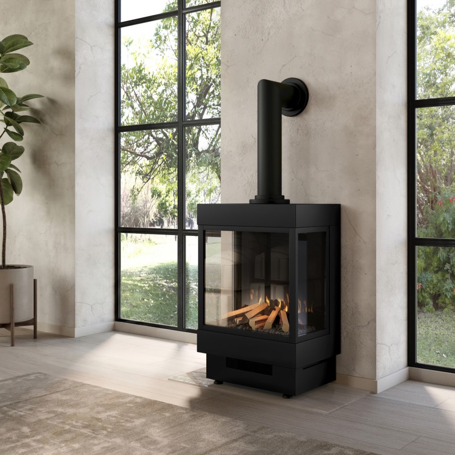 Small Electric Log Burner-Style Stove with Decorative Flue in Black - AmberGlo