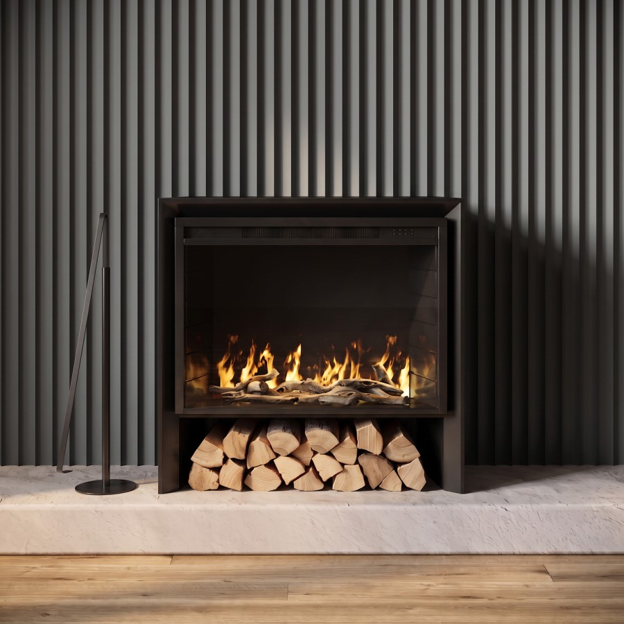 Freestanding 1.8kW Wide Electric Log Burner Style Stove in Black with Log Store - AmberGlo