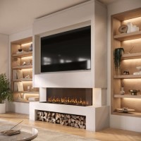 Self Build Media Wall with Black 3-Sided Inset Electric Fire with Log Store - 50 Inch - AmberGlo