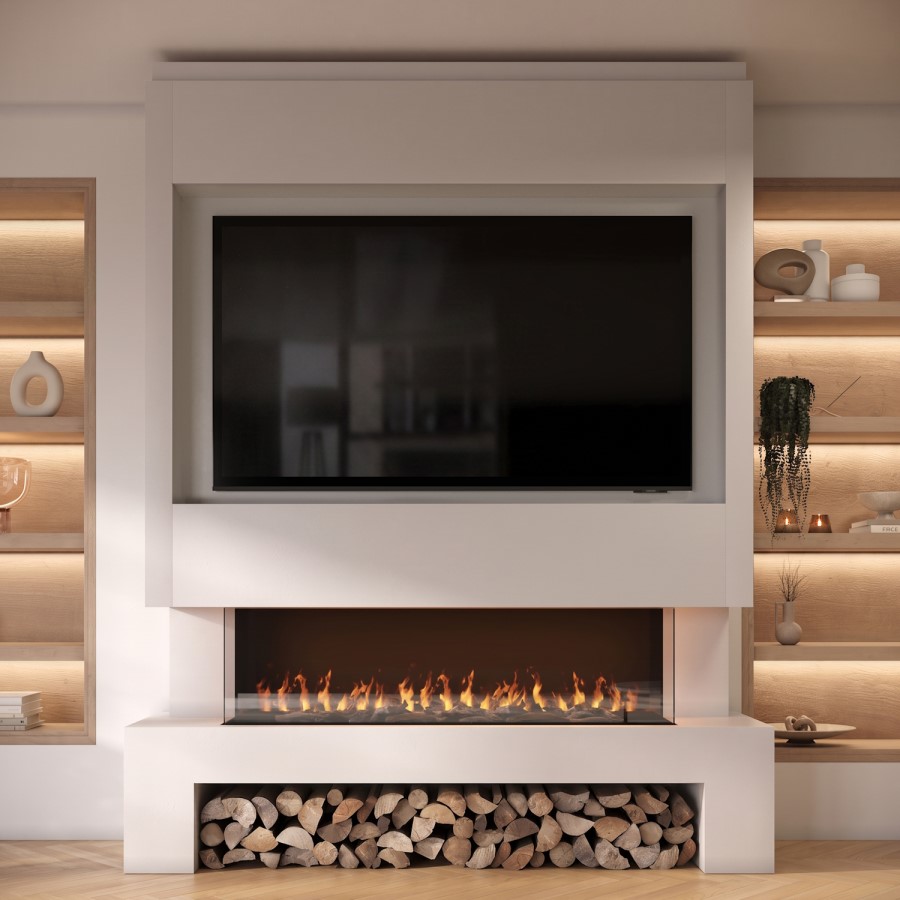 Self Build Media Wall with Black 3-Sided Inset Electric Fire with Log Store - 50 Inch - AmberGlo