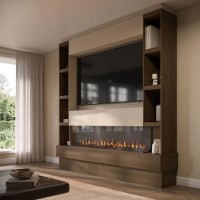 Self Build Walnut Media Wall with Black 3-Sided Inset Electric Fire with Shelving - 50 Inch - AmberGlo