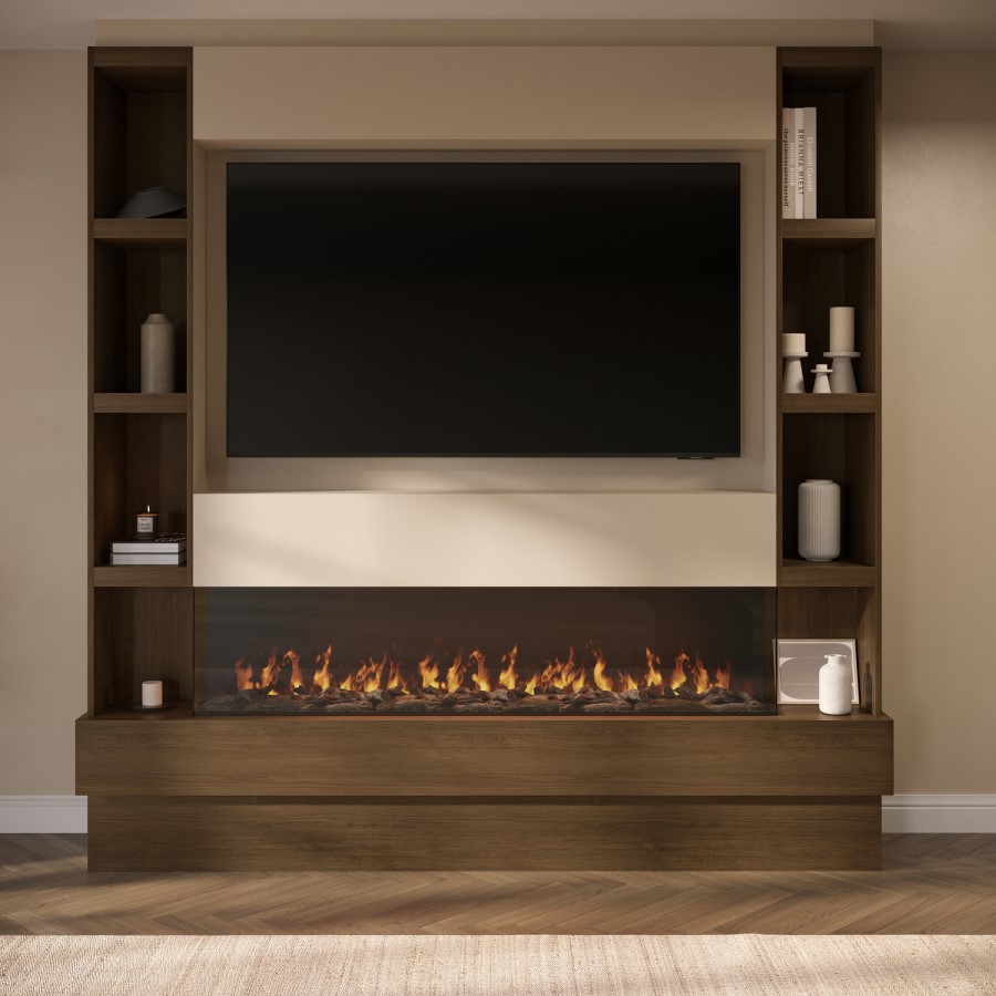 Self Build Walnut Media Wall with Black 3-Sided Inset Electric Fire with Shelving - 50 Inch - AmberGlo