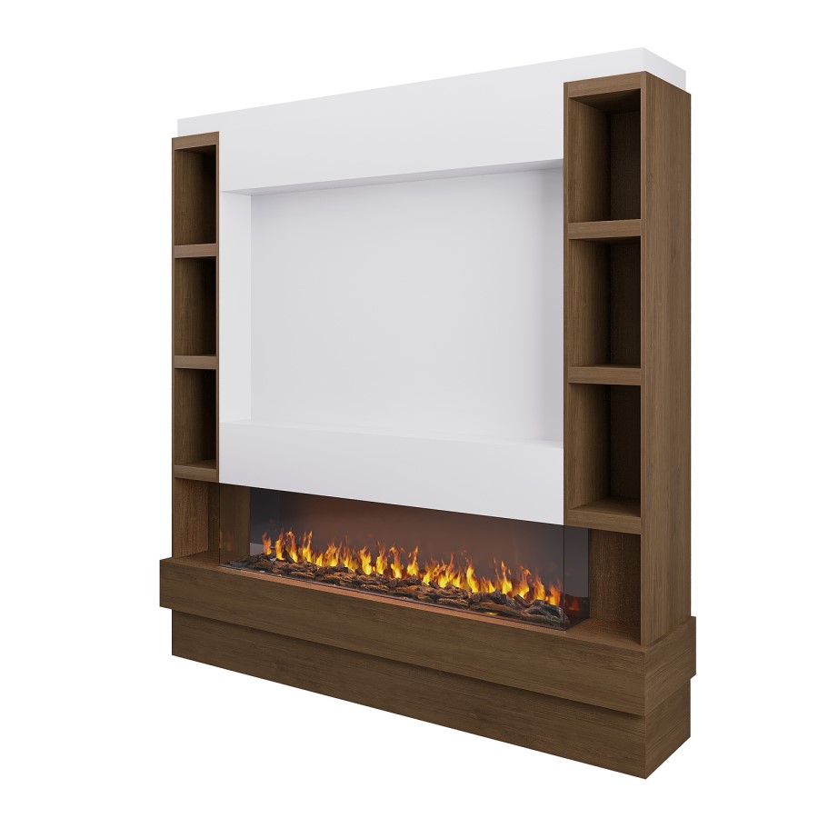 Self Build Walnut Media Wall with Black 3-Sided Inset Electric Fire with Shelving - 50 Inch - AmberGlo