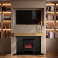 Self Build Media Wall with Electric Log Burner Stove with Oak Beam - AmberGlo