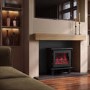 Self Build Media Wall with Electric Log Burner Stove with Oak Beam - AmberGlo