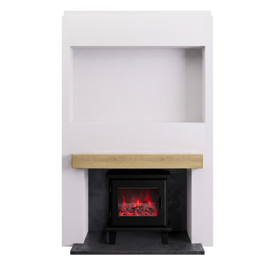 Self Build Media Wall with Electric Log Burner Stove with Oak Beam - AmberGlo