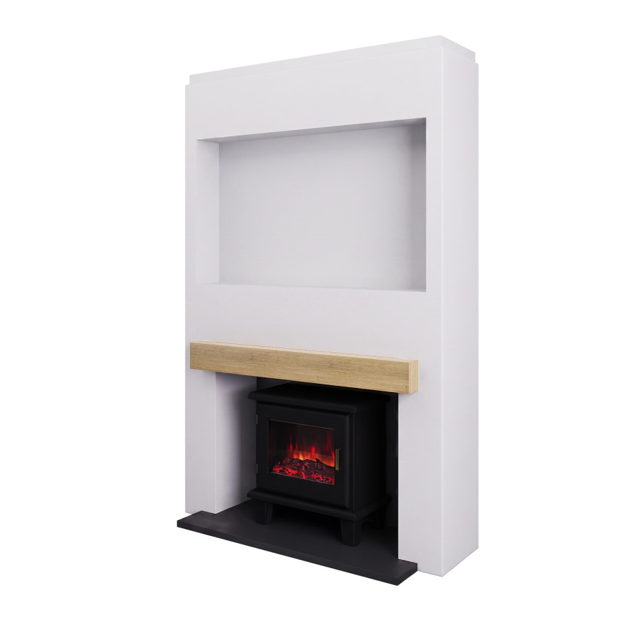Self Build Media Wall with Electric Log Burner Stove with Oak Beam - AmberGlo