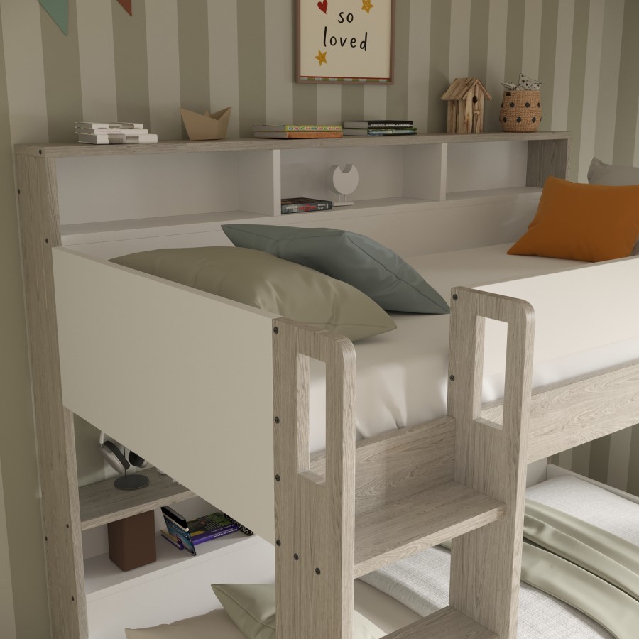 White and Oak Bunk Bed with Storage Shelves - Aire
