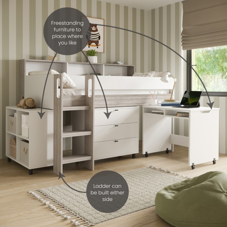 White and Oak Mid Sleeper Cabin Bed with Desk and Storage - Aire