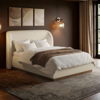 Cream Upholstered Double Ottoman Bed with Curved Headboard - Adelyn