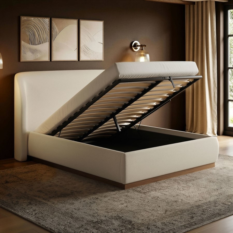 Cream Upholstered Double Ottoman Bed with Curved Headboard - Adelyn