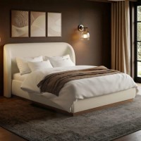 Cream Upholstered King Size Ottoman Bed with Curved Headboard - Adelyn