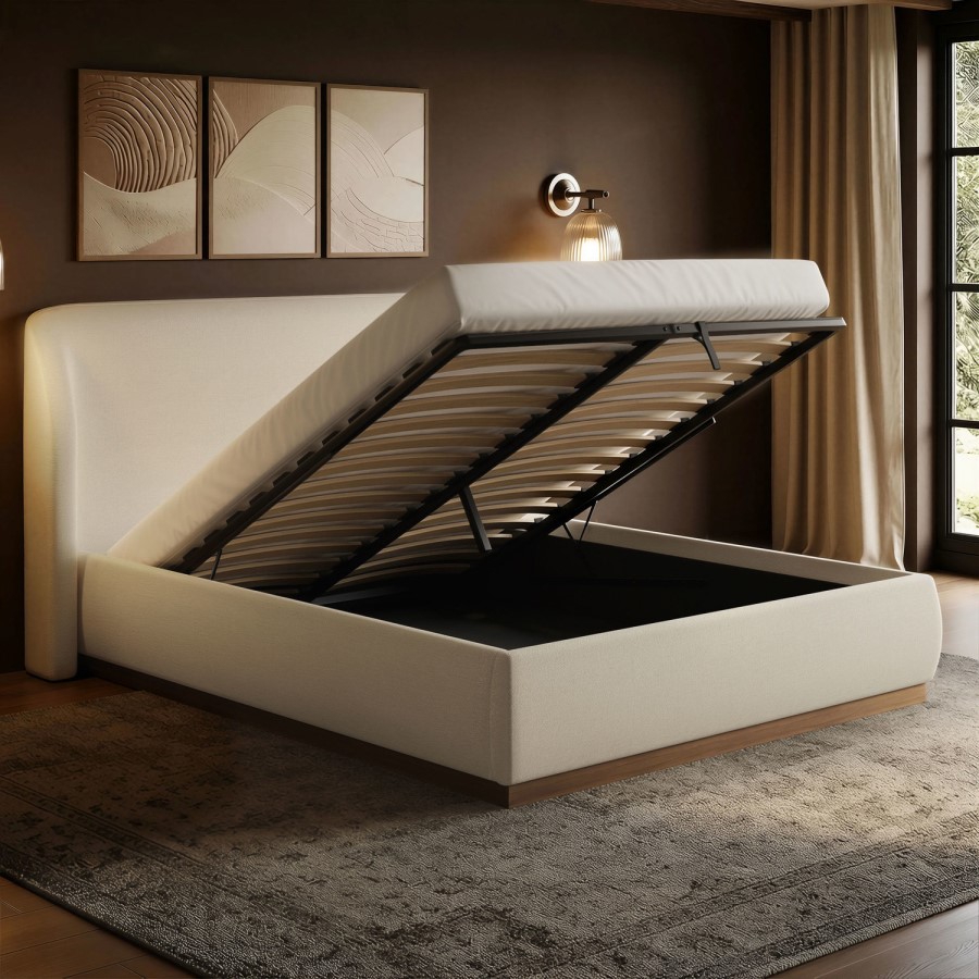 Cream Upholstered Super King Ottoman Bed with Curved Headboard - Adelyn