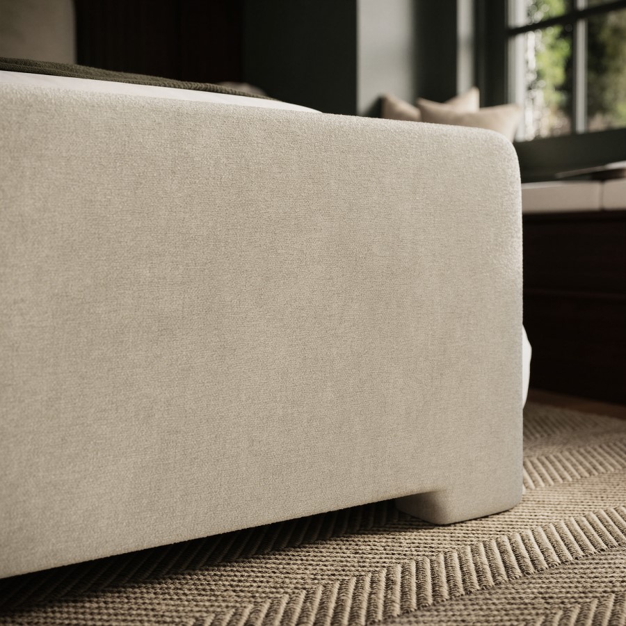 Beige Upholstered King Size Ottoman Bed with Soft Curved Headboard and Footboard - Althea