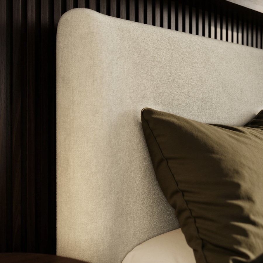 Beige Upholstered King Size Ottoman Bed with Soft Curved Headboard and Footboard - Althea