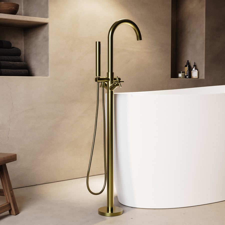 Brushed Brass Freestanding Bath Shower Mixer Tap With Cross Head Handles - Arissa