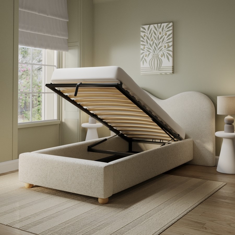 Cream Upholstered Single Ottoman Bed with Curved Headboard - Aria