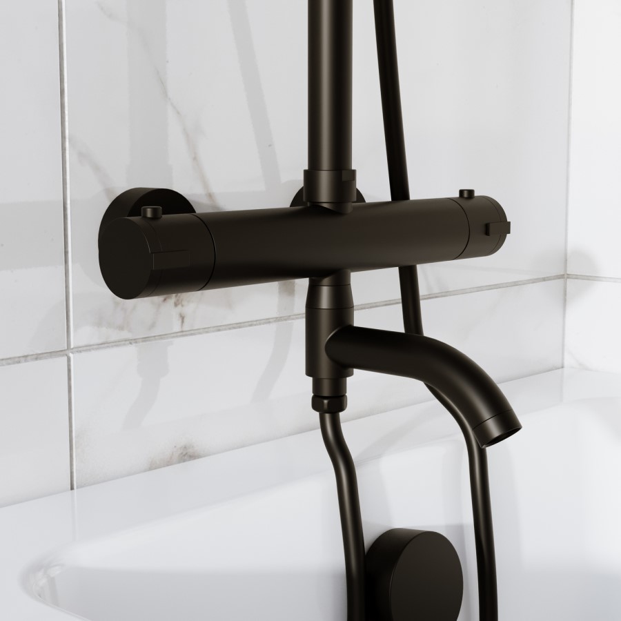 Black 3 Outlet Thermostatic Mixer Shower Set with Bath Filler Spout & Hand Shower - Arissa