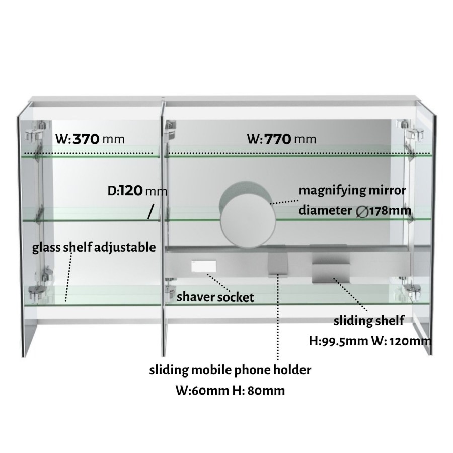 Triple Door Bathroom Mirror Cabinet with Lights Demister & Socket 1200 x 800mm - Artemis