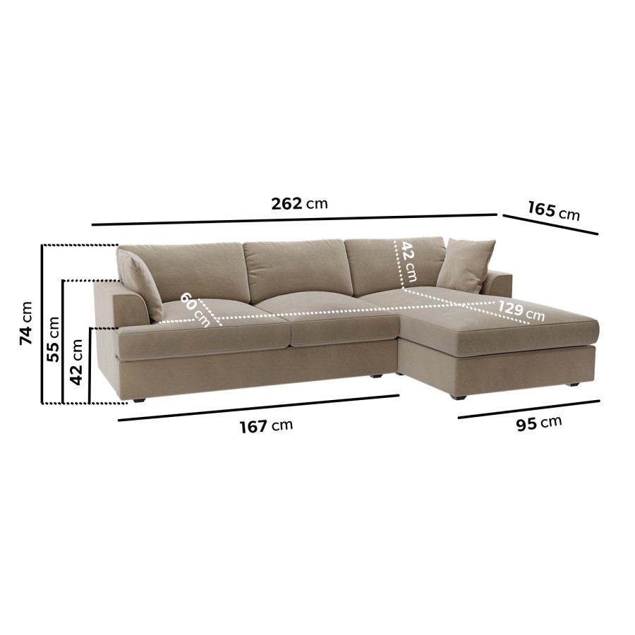 Right Hand Chaise Corner Sofa and Footstool Set in Mink Velvet - August