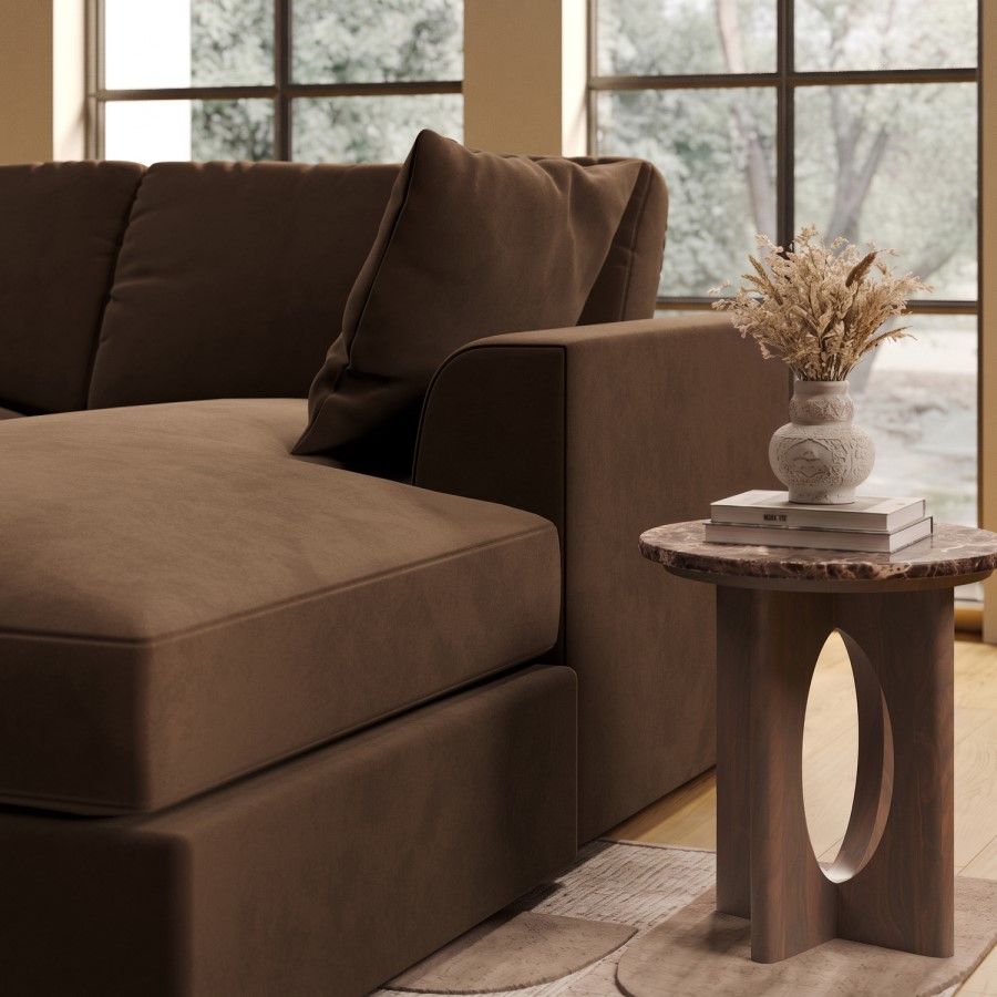 Large Chocolate Brown Velvet Right Hand 4 Seater Chaise Corner Sofa - August