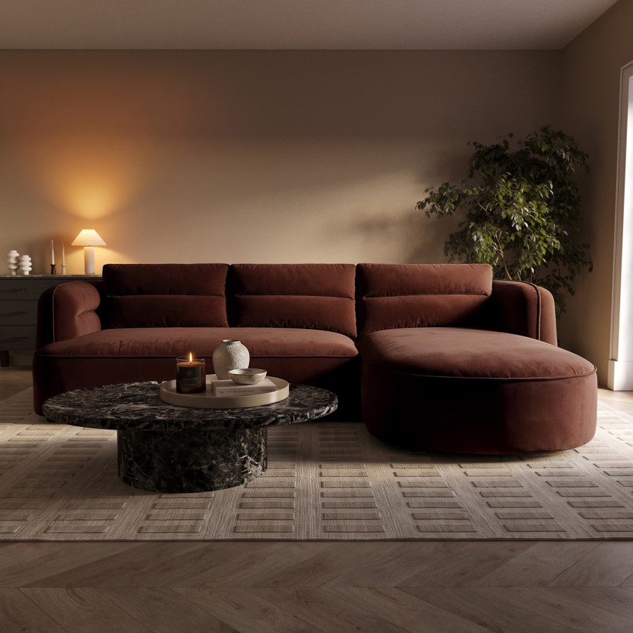 Dark Rust Velvet 4 Seater Right Hand L-Shape Curved Chaise Corner Sofa - Bodhi