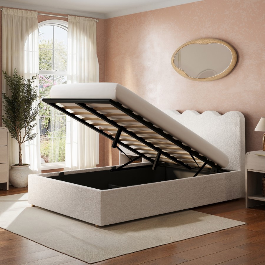 Cream Boucle Small Double Ottoman Bed with Scalloped Headboard - Boba