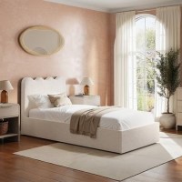 Cream Boucle Single Ottoman Bed with Scalloped Headboard - Boba