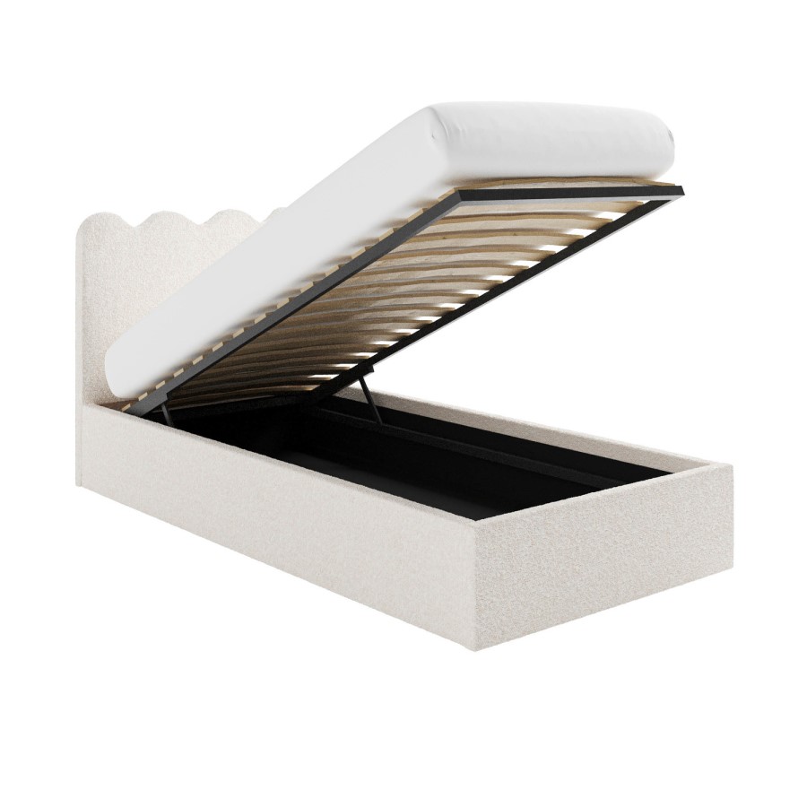 Cream Boucle Single Ottoman Bed with Scalloped Headboard - Boba