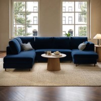 6 Seater Pull-Out U-Shape Sofa Bed with Storage in Navy Blue Velvet - Boe